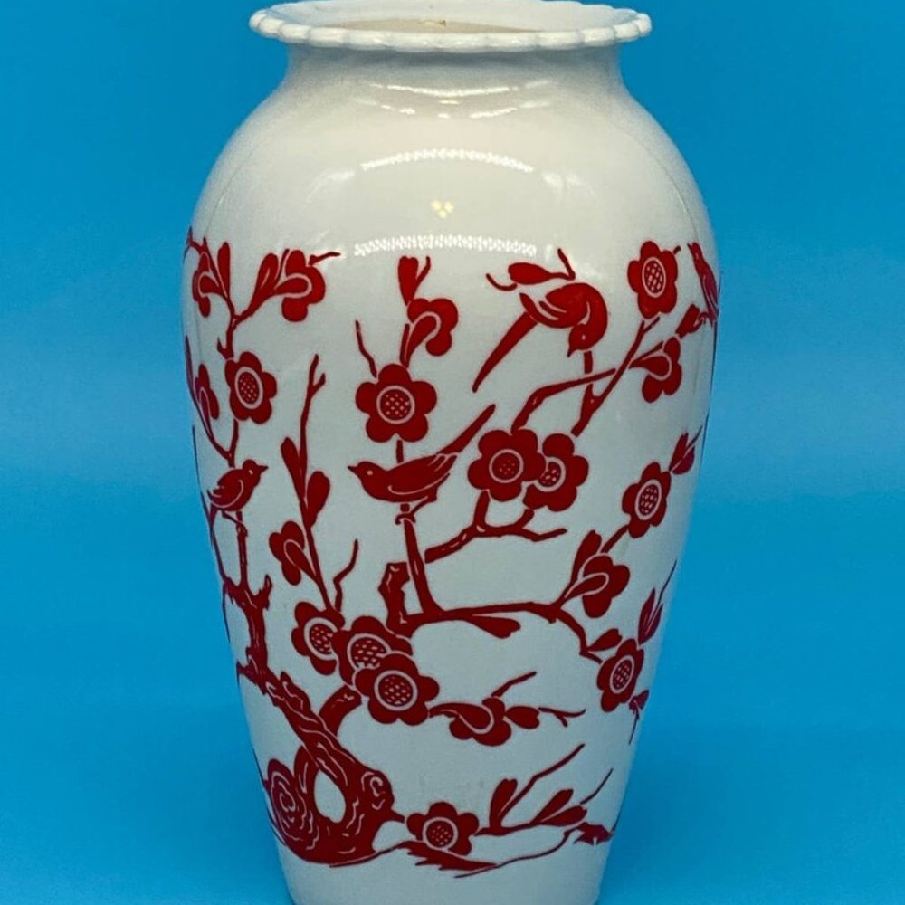 1940s Vintage White Milk Glass Vase Bird Tree Branch Floral Red Pattern